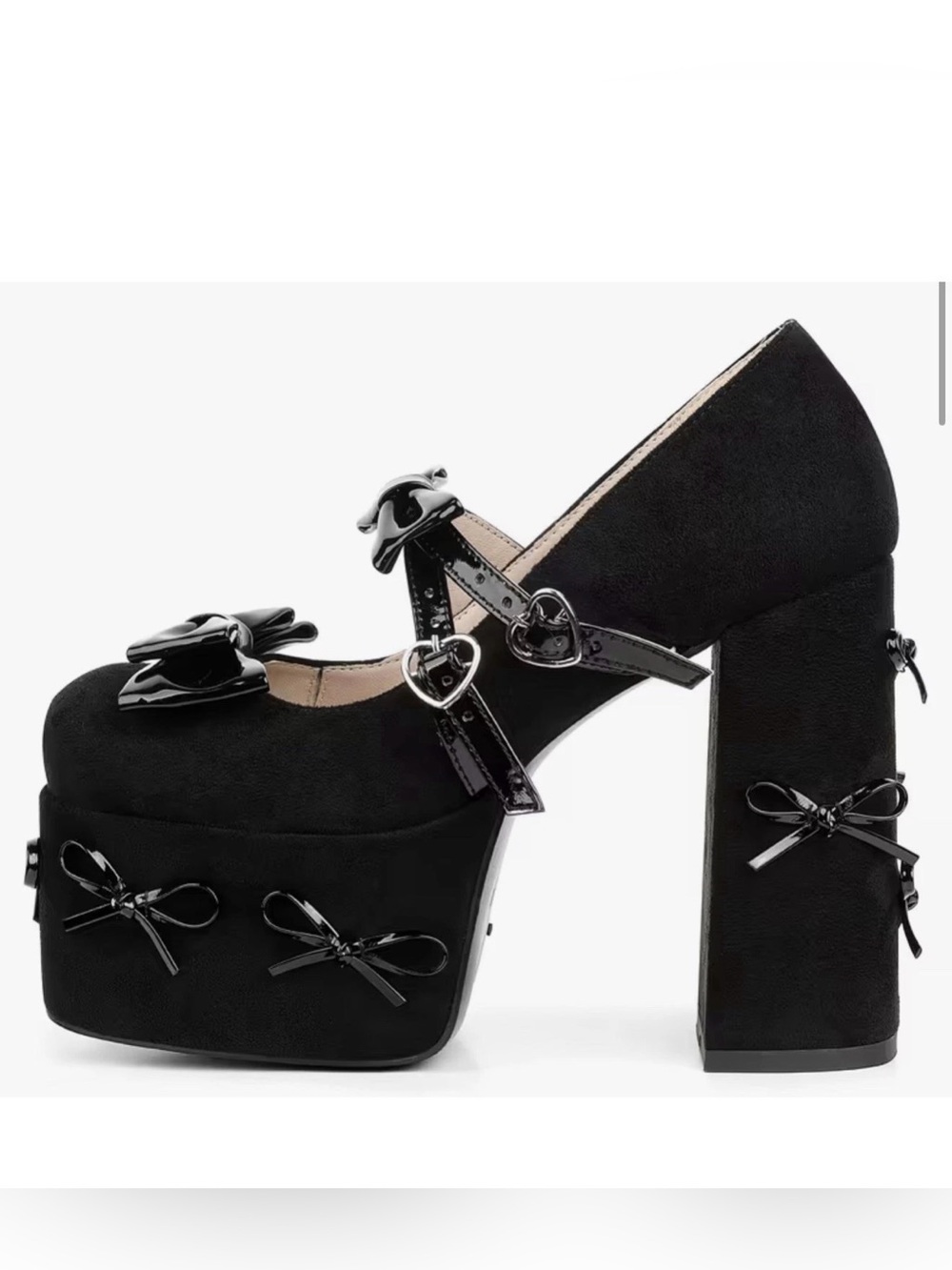 Black Platform Mary Jane Heels with Bow Accents